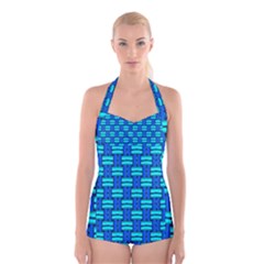 Pattern Graphic Background Image Blue Boyleg Halter Swimsuit 