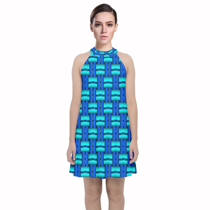 Pattern Graphic Background Image Blue Velvet Halter Neckline Dress 