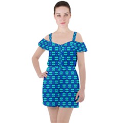 Pattern Graphic Background Image Blue Ruffle Cut Out Chiffon Playsuit by HermanTelo