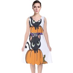 Halloween Cute Cat V-neck Midi Sleeveless Dress  by HermanTelo