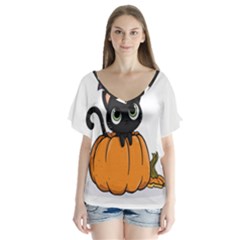 Halloween Cute Cat V-neck Flutter Sleeve Top by HermanTelo