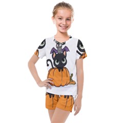 Halloween Cute Cat Kids  Mesh Tee And Shorts Set