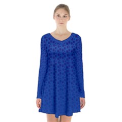 Background Polka Blue Long Sleeve Velvet V-neck Dress by HermanTelo