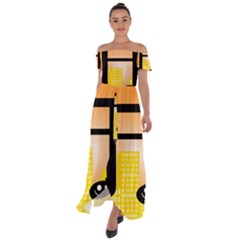 Abstract Anthropomorphic Art Off Shoulder Open Front Chiffon Dress