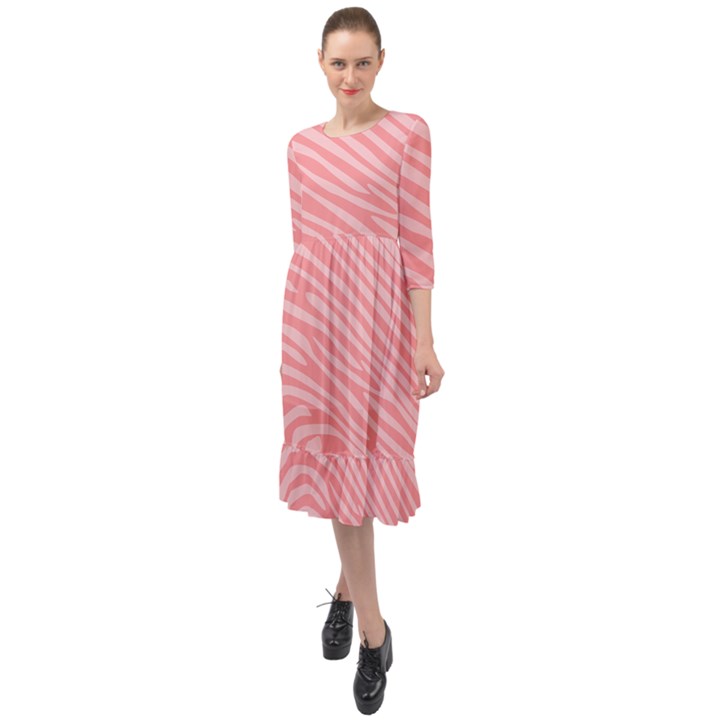 Pattern Texture Pink Ruffle End Midi Chiffon Dress