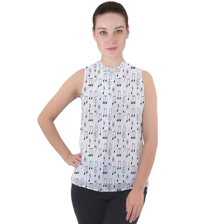 Music Notes Background Wallpaper Mock Neck Chiffon Sleeveless Top