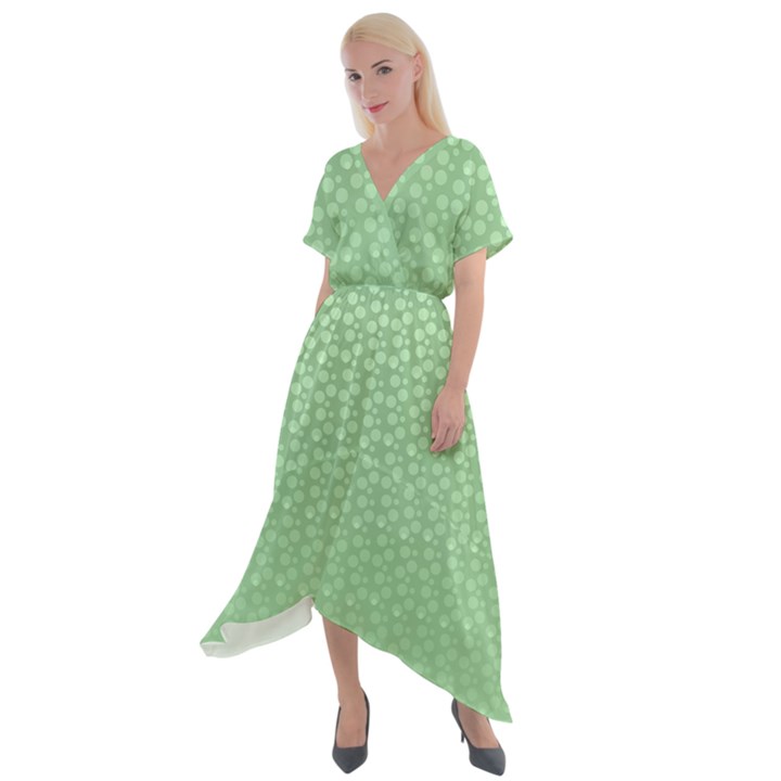 Background Polka Green Cross Front Sharkbite Hem Maxi Dress