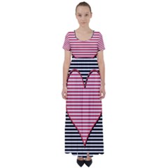 Heart Stripes Symbol Striped High Waist Short Sleeve Maxi Dress