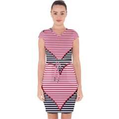 Heart Stripes Symbol Striped Capsleeve Drawstring Dress 