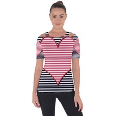 Heart Stripes Symbol Striped Shoulder Cut Out Short Sleeve Top