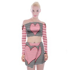 Heart Stripes Symbol Striped Off Shoulder Top With Mini Skirt Set