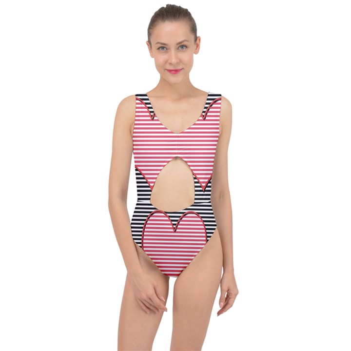 Heart Stripes Symbol Striped Center Cut Out Swimsuit