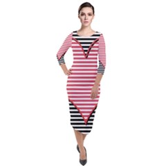 Heart Stripes Symbol Striped Quarter Sleeve Midi Velour Bodycon Dress