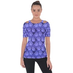 Pattern Texture Feet Dog Blue Shoulder Cut Out Short Sleeve Top