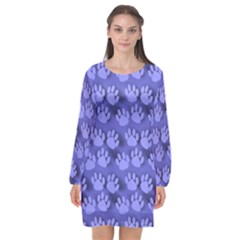 Pattern Texture Feet Dog Blue Long Sleeve Chiffon Shift Dress 