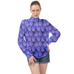 Pattern Texture Feet Dog Blue High Neck Long Sleeve Chiffon Top by HermanTelo