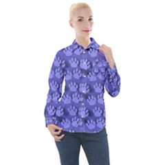 Pattern Texture Feet Dog Blue Women s Long Sleeve Pocket Shirt