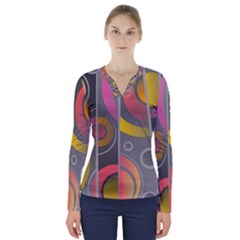 Abstract Colorful Background Grey V-neck Long Sleeve Top