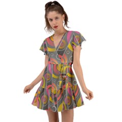 Abstract Colorful Background Grey Flutter Sleeve Wrap Dress