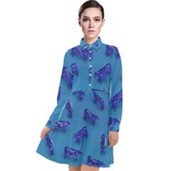 Cow Illustration Blue Long Sleeve Chiffon Shirt Dress