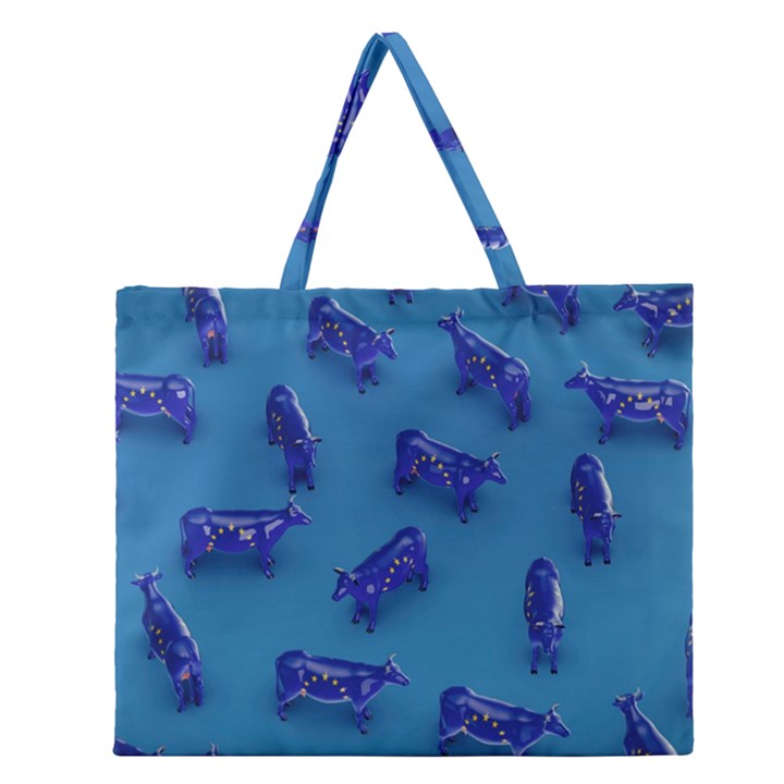 Cow Illustration Blue Zipper Large Tote Bag