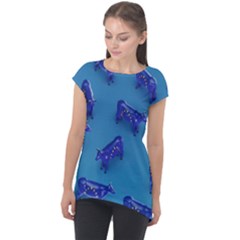 Cow Illustration Blue Cap Sleeve High Low Top