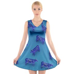 Cow Illustration Blue V-neck Sleeveless Dress