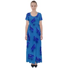 Cow Illustration Blue High Waist Short Sleeve Maxi Dress