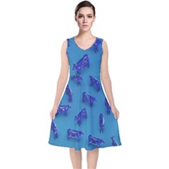 Cow Illustration Blue V-neck Midi Sleeveless Dress  by HermanTelo