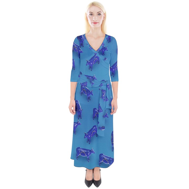 Cow Illustration Blue Quarter Sleeve Wrap Maxi Dress