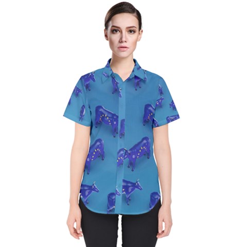 Cow Illustration Blue Women s Short Sleeve Shirt by HermanTelo