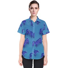 Cow Illustration Blue Women s Short Sleeve Shirt