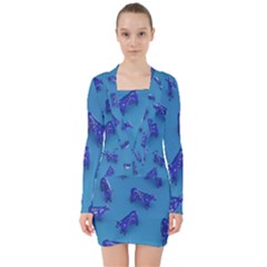 Cow Illustration Blue V-neck Bodycon Long Sleeve Dress