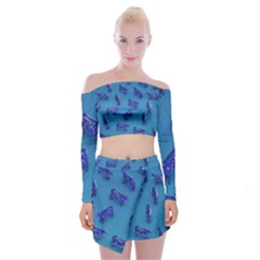 Cow Illustration Blue Off Shoulder Top With Mini Skirt Set