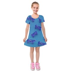 Cow Illustration Blue Kids  Short Sleeve Velvet Dress