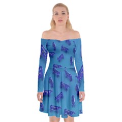 Cow Illustration Blue Off Shoulder Skater Dress