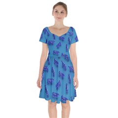 Cow Illustration Blue Short Sleeve Bardot Dress