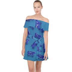 Cow Illustration Blue Off Shoulder Chiffon Dress by HermanTelo