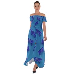 Cow Illustration Blue Off Shoulder Open Front Chiffon Dress