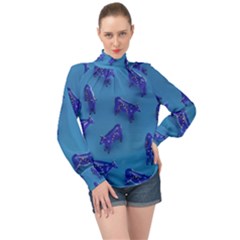 Cow Illustration Blue High Neck Long Sleeve Chiffon Top