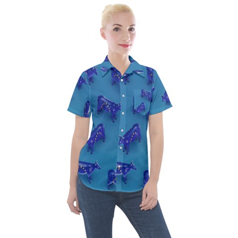 Cow Illustration Blue Women s Short Sleeve Pocket Shirt by HermanTelo