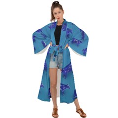 Cow Illustration Blue Maxi Kimono