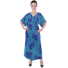 Cow Illustration Blue V-neck Boho Style Maxi Dress