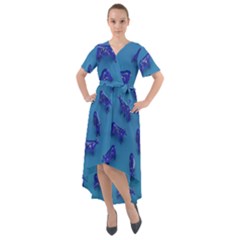 Cow Illustration Blue Front Wrap High Low Dress