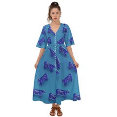 Cow Illustration Blue Kimono Sleeve Boho Dress