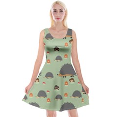 Cartoon Hedgehog Green Reversible Velvet Sleeveless Dress