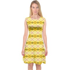 Pattern Pink Yellow Capsleeve Midi Dress