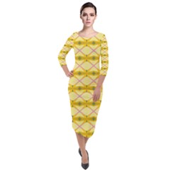 Pattern Pink Yellow Quarter Sleeve Midi Velour Bodycon Dress