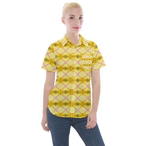 Pattern Pink Yellow Women s Short Sleeve Pocket Shirt by HermanTelo