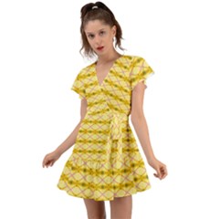 Pattern Pink Yellow Flutter Sleeve Wrap Dress